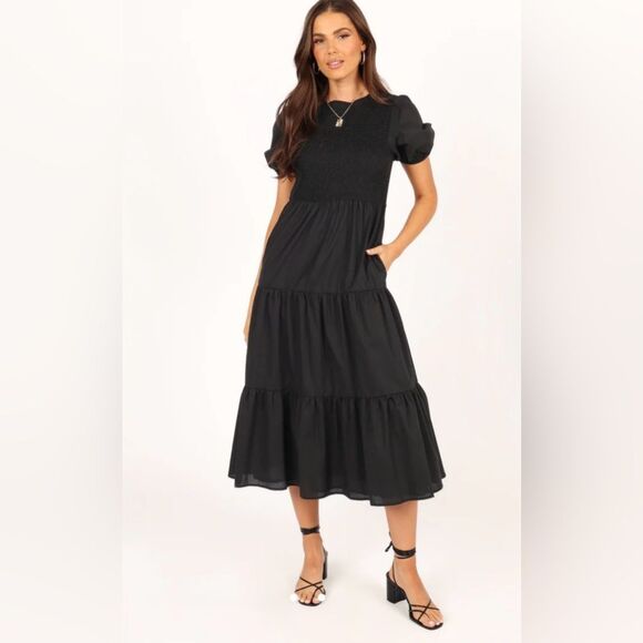 Petal & Pup Naura Smocked Top Tiered Cotton Midi Dress in Black - Size 10 - Picture 1 of 9